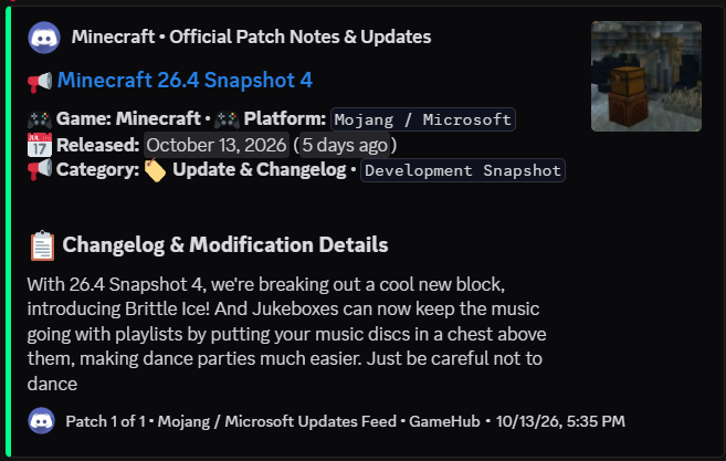 GameHub Minecraft Patch Notes Screenshot